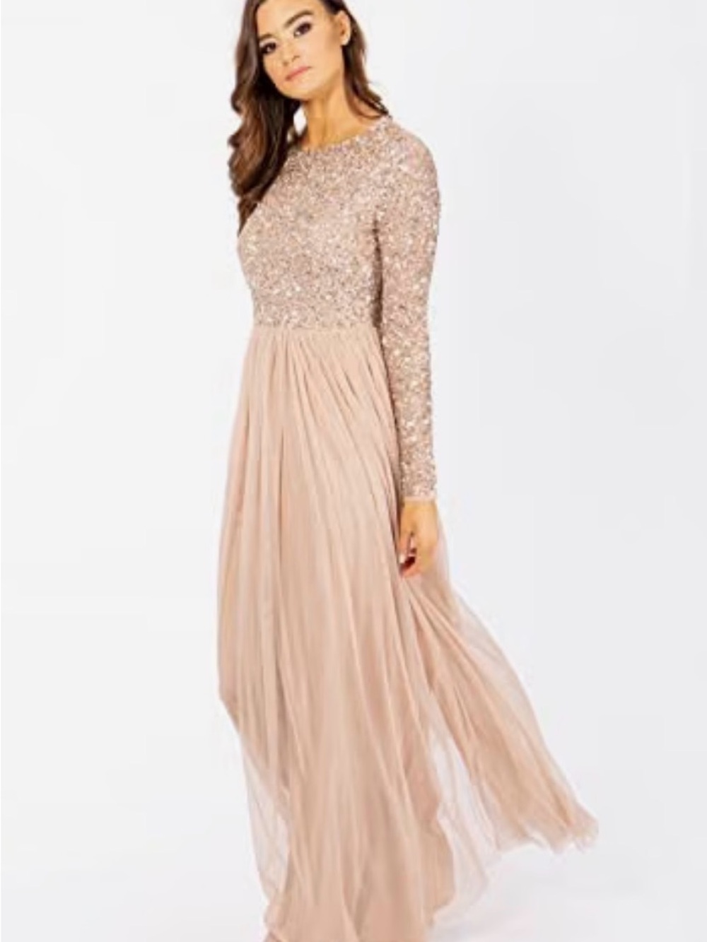 Maya Blush Sequin-Bodice Long Sleeve Maxi Dress